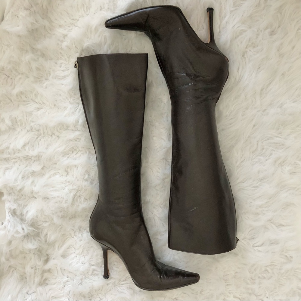 Jimmy Choo Black Leather Over-the-Knee Pointed Toe Stiletto Boots